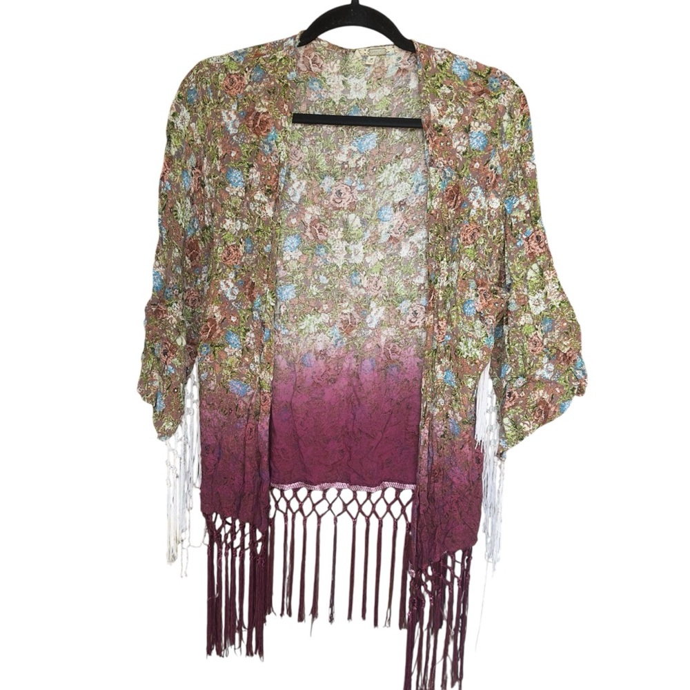BKE Gimmicks Boho Hippie Floral Kimono Cardigan Fringe Ombre Sheer‎ Festival M